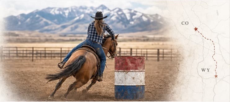 Barrel racer with Colorado and Wyoming route map